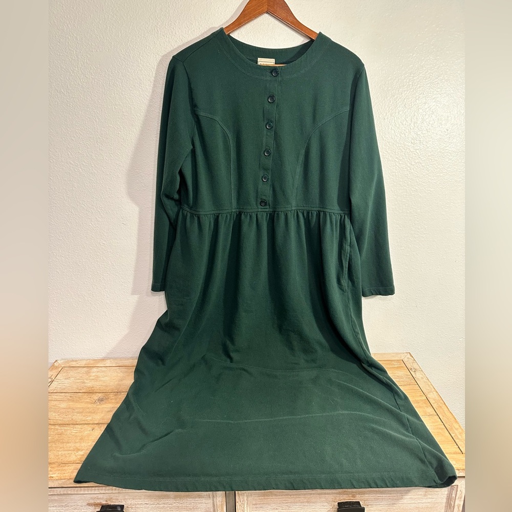 LL Bean Green Long  Sleeve Maxi Dress 100% Cotton Size XL